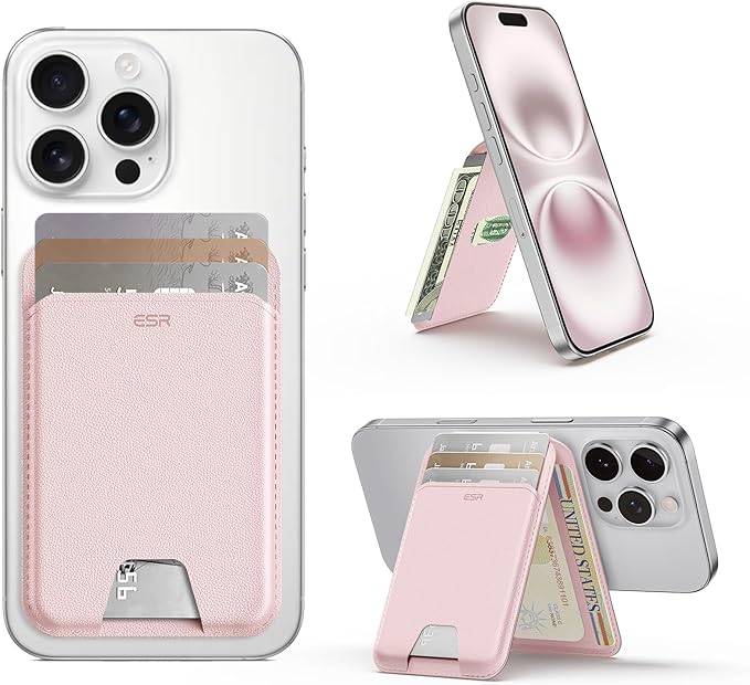 ESR Aura for MagSafe Wallet with Adjustable Stand, RFID Blocking, 5 Card Holder for Phone Case, Slim Magnetic Wallet for iPhone 17e/17/16/15/14/13/12 Series, Not for 13/12 Mini, Bubblegum Pink