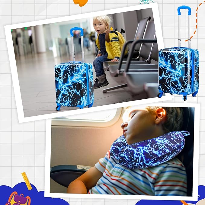 Redbaker 17 Inch 6 Pcs Kids Luggage Set Kids Rolling Luggage Double Pattern Suitcase for Boys Girls (Blue, Lightning Style)