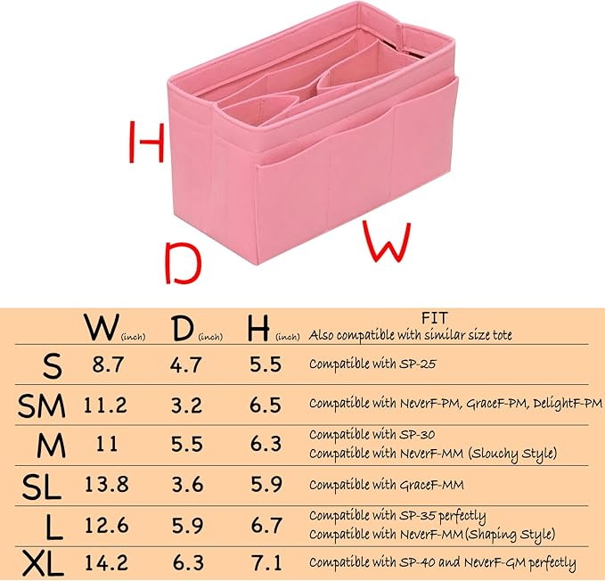 DailyPlus Purse Organizer Insert Felt Bag Organizer Handbag Organizer Insert Bag In Bag Organizer for Tote Purse Bag 14 Pockets Pink Medium