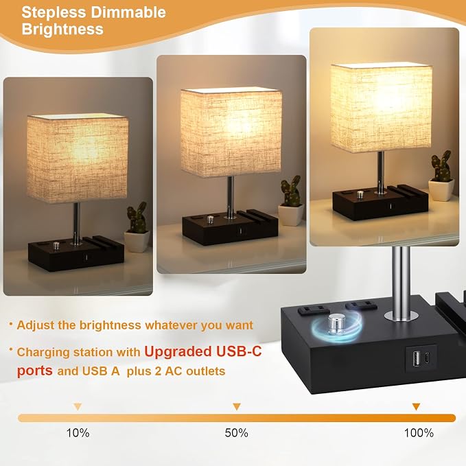 Beige Table Lamp for Bedroom - Stepless Dimmable, USB C+A, 2 AC Outlets | Dimming By Rotary Knob, USB C+A Ports, 2 Phone Stands, LED Bulbs Included, Rectangle Beige Lampshade, for Living Room, Desk