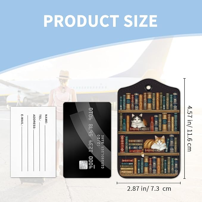 2 Pcs Luggage Tag for Suitcases, Goth Bookshelf Cat PU Leather Suitcase Tag Privacy Cover ID Label with Metal Loop, Personalized Baggage Identifier for Women Cruise Bag Travel Essentials