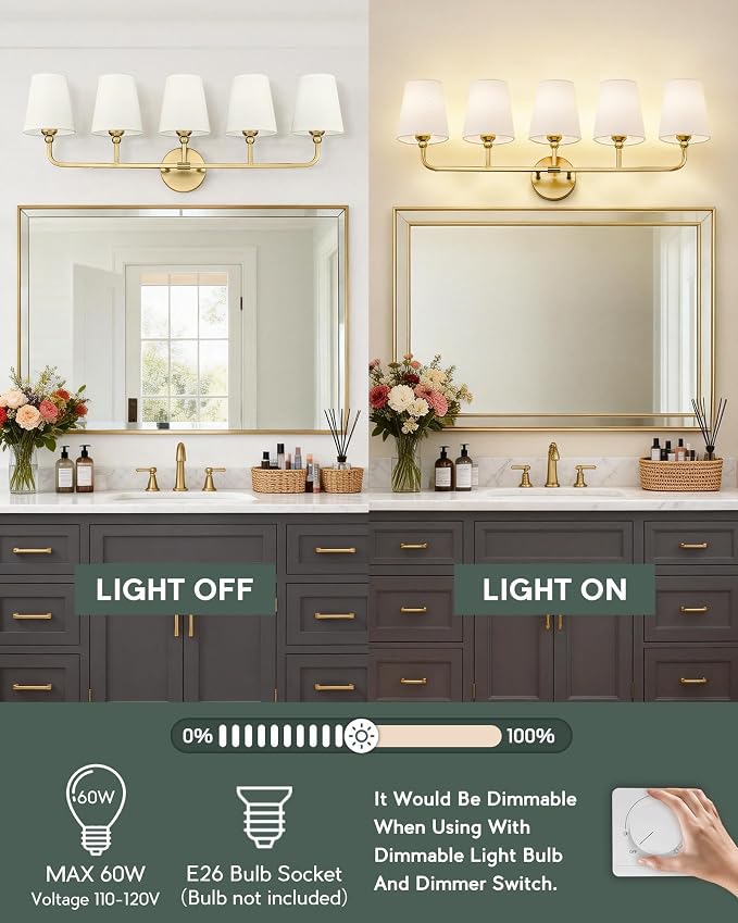 5-Light Brushed Gold Bathroom Vanity Light, Beige Fabric Shades | Ideal for 40-52" mirrors, 35" bathroom light fixtures over mirror, upward only, E26 base, bulbs not included, VL837-BG-B-5