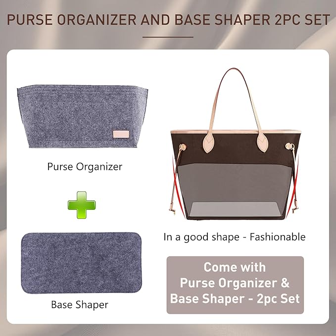 Doxo Purse Organizer Insert Handbag & Tote Felt with Bag Fits for Speedy 30 and Neverfull MM & Base Shaper 2pc Set (Large-Gray-Combination)