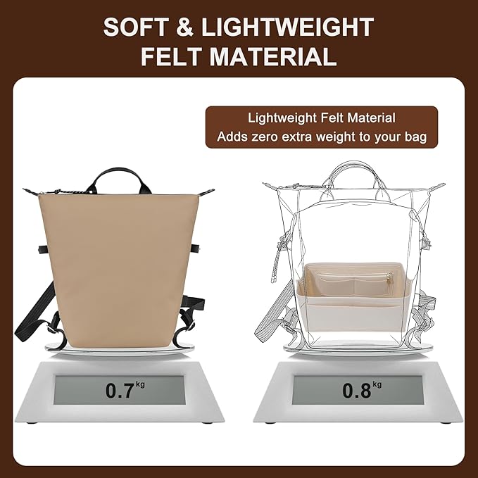Doxo Backpack Organizer Insert for Longchamp Le Pliage L Backpack | Felt Material with 8 Compartments & YKK Zipper Pocket | Custom-Fit Longchamp Backpack Insert (LB, Beige)
