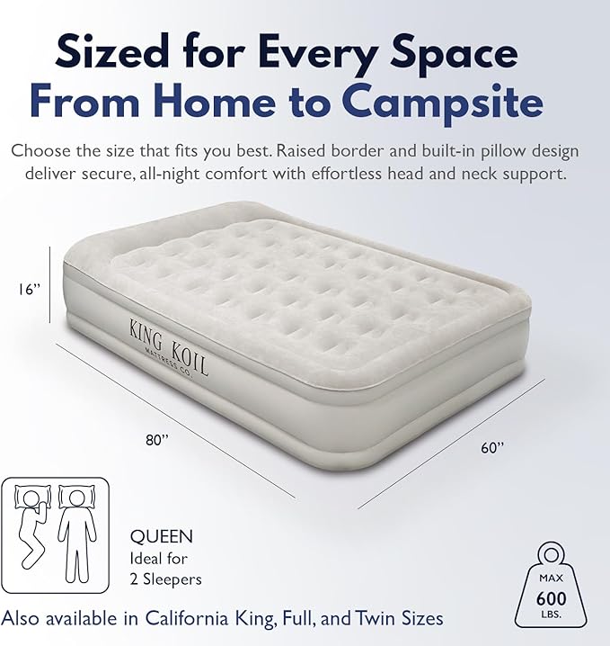 King Koil Luxury Queen Size Air Mattress with High-Speed Built-in Pump, Blow Up Bed Top Side Flocking, Puncture Resistant, Double High Inflatable Airbed Guests or Travel 1-Year Warranty