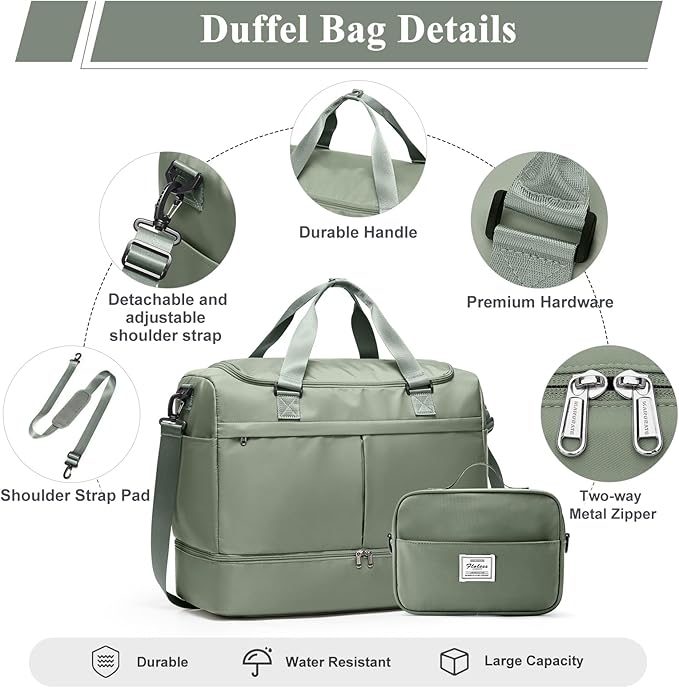 Large Travel Duffel Bag, Weekender Bag for Women with Shoe Compartment & Toiletry Bag, Overnight Carry on Bag for Travel, Gym, Hospital, Business,Green