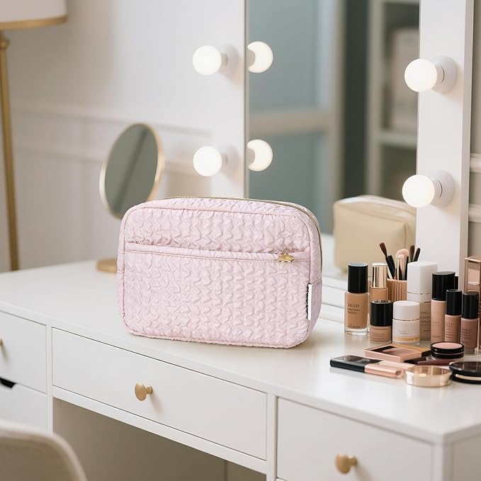 Noozion Makeup Bag Travel Toiletry Bag, Puffy Padded Cosmetic Bag for Women, Makeup Organizer Case, Wide-open Pouch Purse, Travel Essentials