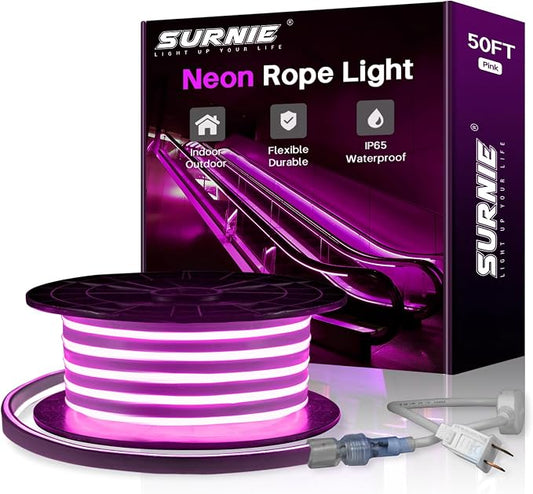 50ft Pink LED Neon Lights, IP65 Waterproof LED Light Strip Flexible Cuttable AC 110V LED Rope Lights DIY, Indoor Outdoor for Residential, Commercial Building Decoration