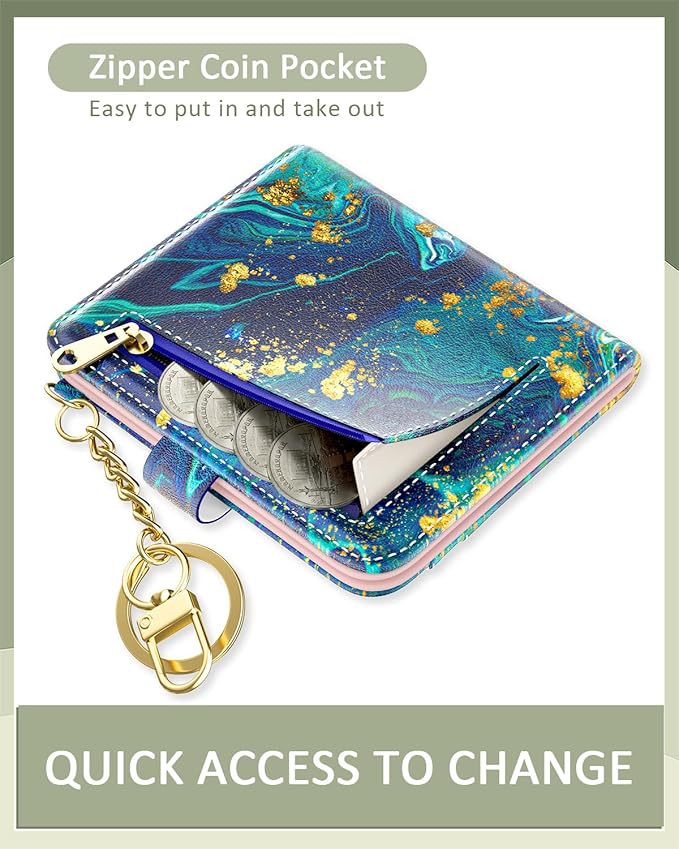 Aiawoxc Womens Wallet, RFID Small Wallets for Women, Slim Compact Credit Card Holder, Cute Leather Bifold Ladies Purse with Zipper Coin Pocket and ID Window, Ocean Marble