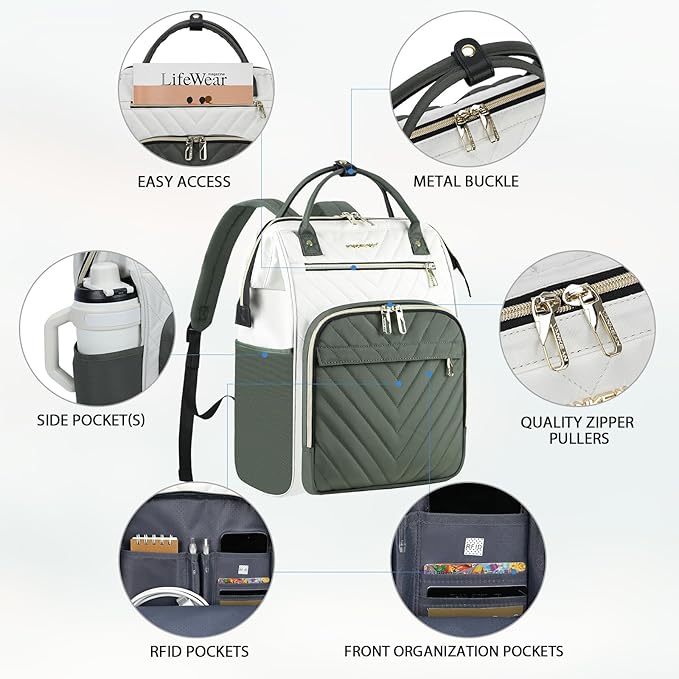 VANKEAN 17 Inch Laptop Backpack for Women Men Fashion Computer Work Bag, Large Capacity Waterproof Backpack with USB Port & RFID Pockets, College Daypack Business Travel, Beige-Army green