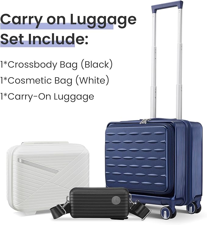 3 Piece Luggage Set 16 Inch Carry On with Front Opening, Expandable PC Hardshell Suitcase with 14" Cosmetic Case & Handbag, Lightweight Underseat Rolling Luggage with TSA Lock & PVC Cover