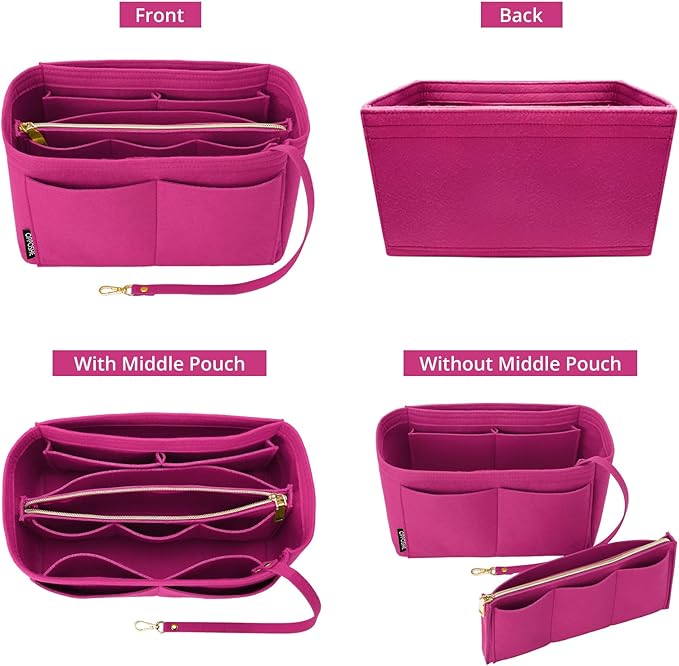 OPPOSHE Purse Organizer Insert for Handbags, Softened Felt Bag Insert Organizer for Tote, Compatible with LV, Coach, MK, Kate Spade, Goyard, Longchamp (Rosy, Small)