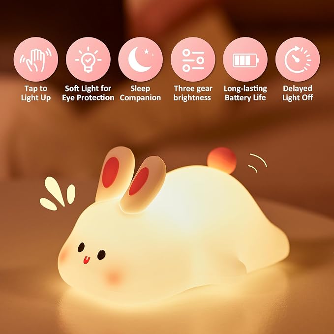 OkiyiD Bunny Lamp,Big Face Rabbit Night Light for Kids, Cute Easter Bunny Gifts, Kawaii Nursery Bedroom Decor, Rechargeable Silicone LED Squishy Night Light