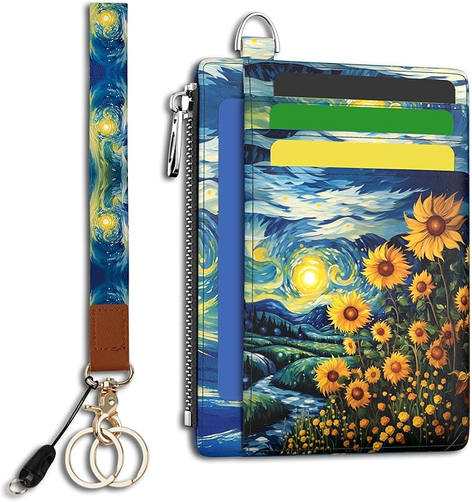 Hancynir Sunflower Slim Wallet Women Credit Card Holder, RFID Blocking Front Pocket Wallet Wristlet Keychain Lanyard, Small Cute Mini Card Case, Thin Travel Zipper Coin PU Leather Ladies Female Gifts