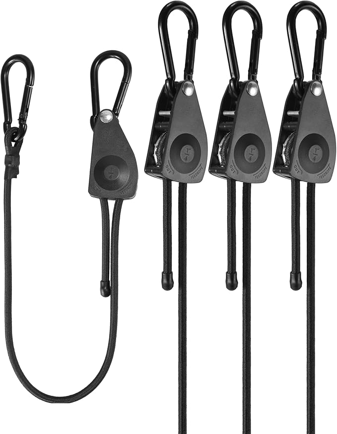 48" Heavy Duty Adjustable Carabiner Bungee Cord with Hooks, Easy to Adjust from 7" to 48", Black Ratchet Bungee Straps with Iron Carabiners & Superior Elasticity for Cargo, Luggage, Carts, etc (4 Pcs)