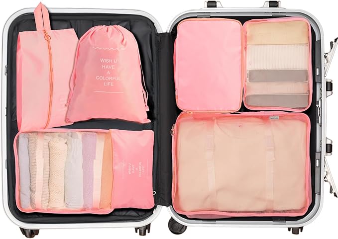 7PCS Packing Cubes for Suitcases, Travel Luggage Organizer Bags, Suitcase Organizer Bags Set for Carry on Luggage Travel Essentials, Pink