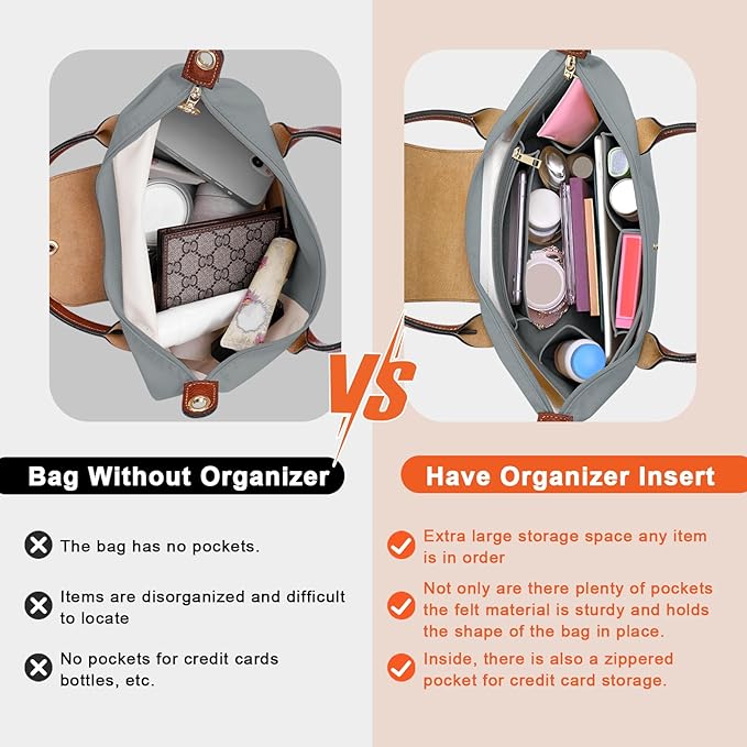 LOUKAYCCI Purse Organizer Insert for Longchamp Le Pliage L Handbag Insert Felt Long Champ Tote Bag Organizer Insert with Cup (LightGrey, Medium)