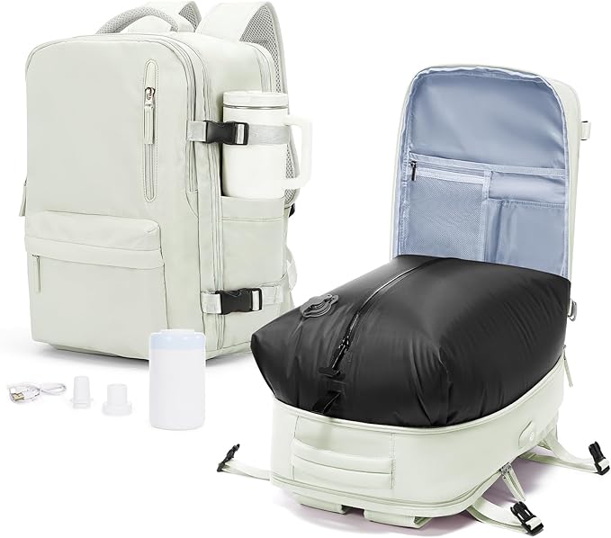 VECAVE Vacuum Travel Backpack with Pump for Women, Personal Item Carry on Backpacks Flight Approved 18x14x8 inches for Men,Laptop Waterproof Work Compression bags Casual Daypack YYWhite