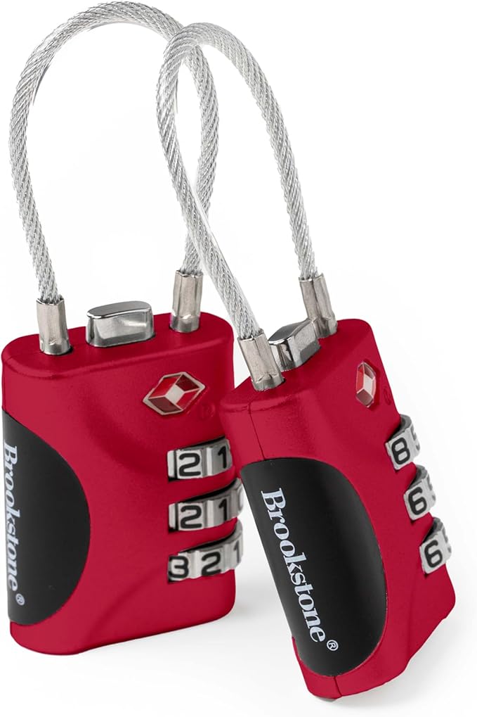 Brookstone Cable Lock - 2 Pack TSA-Approved 3-Digit Keyless Luggage Travel Lock - Resettable Combination Wire Padlock, Red