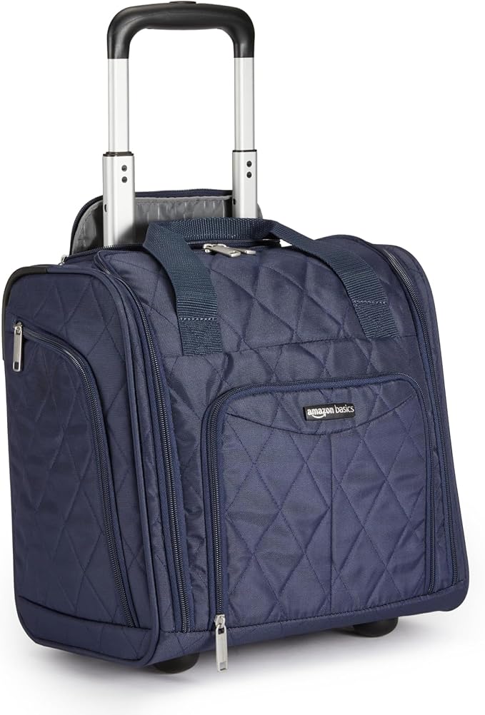Amazon Basics Underseat Carry-On Luggage with Wheels, 14" Rolling Travel Bag, Fits Under the Seat with Multiple Pockets and Compartments, Navy Quilted