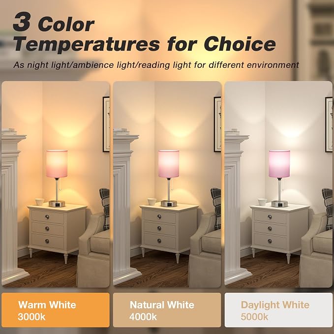 Small Bedside Table Lamp for Bedroom - Desk Lamp with USB Ports for Dorm | USB A+C Ports, AC Outlet, 3-Color Temps, LED Bulb Included, Soft Pink Fabric Shade, Sleek Silver Base, 14" Night Stand Lamp