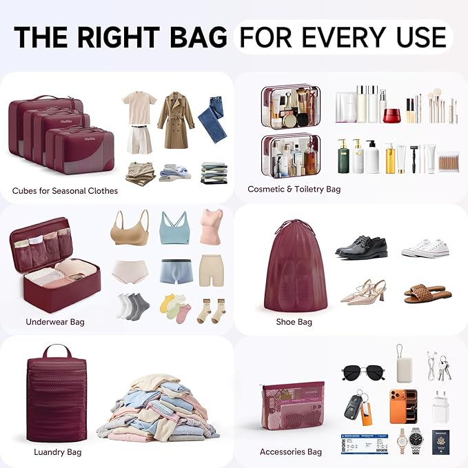 11 Set Packing Cubes for Travel, Gifts for Women Mom Kids, TSA Approved Bags for Makeup, Cosmetic, Toiletry, Suitcase Organizers for Checked Luggage, Cruise Essentials,Airplane Accessories, Burgundy