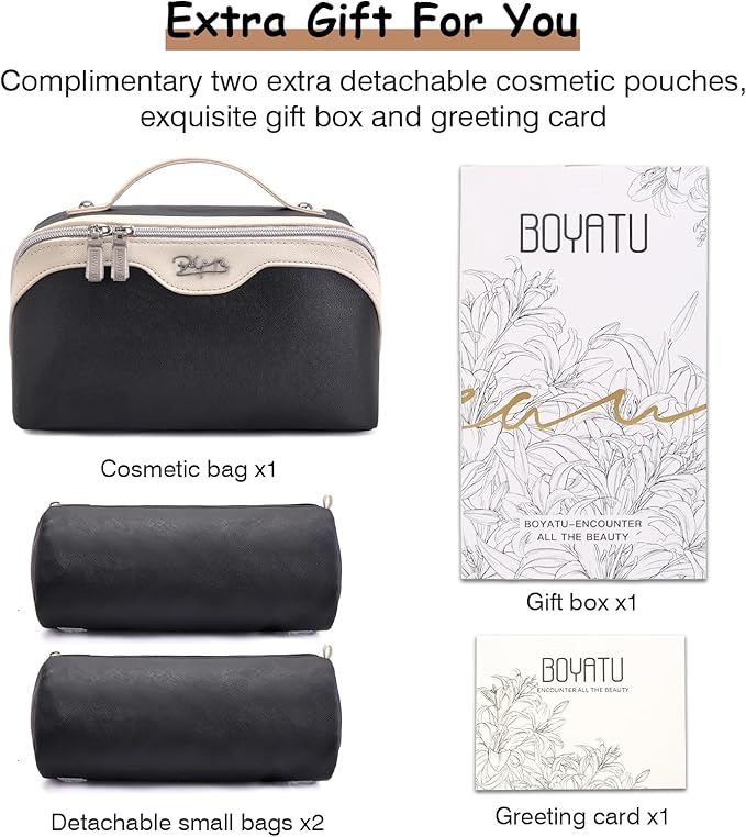 BOYATU Travel Makeup Bag Organizer Cosmetic Bag: 3 Pcs Set Make up Bags for Women with Handle - Waterproof Vegan Leather Toiletry Bags Travel Essentials Pouch with Compartments (A-01-Black)