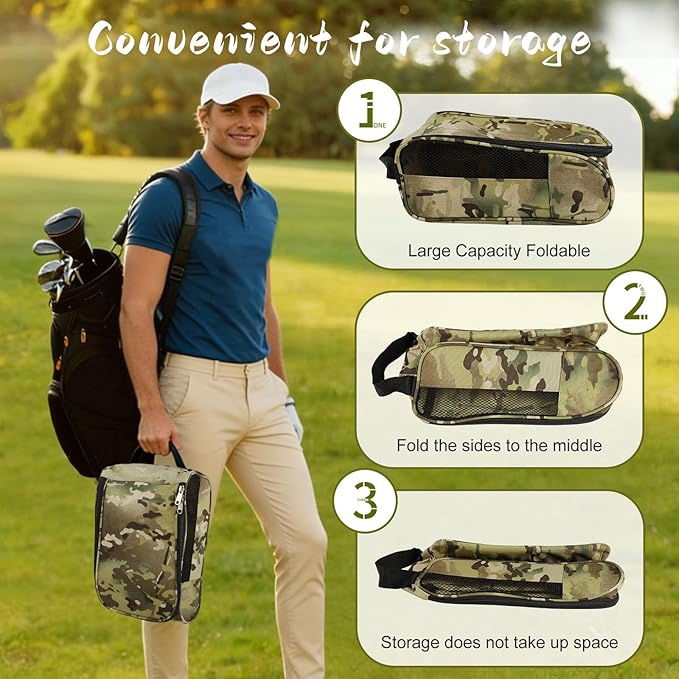 Golf Shoe Bag, Outdoor Zipper Sports Shoe Strap Bag with Air Mesh Ventilation, Durable Waterproof Golf Shoe Carry Bags with Sturdy Handle for Gym, Soccer, Running & Suitcase Packing(Green Camouflage)