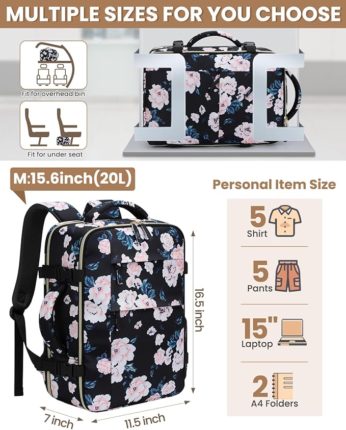 Pritent Travel Backpack for Women Man, Waterproof Personal Item Travel Bag Airline Approved Laptop Backpack Bookbag Weekender bags for Business,Travel, Work Fits 15.6 inch Laptop(Medium,Flower)