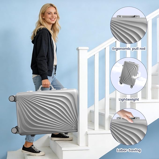20 Inch Carry On Luggage, Zipperless Luggage with Spinner Wheels, Airline Approved Suitcase with Cup Holder, TSA Lock and USB Charger for Travel, Silver(PC+Aluminum Frame)