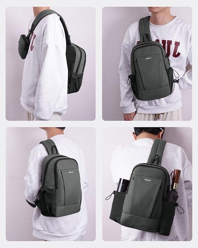 ECOHUB Anti-Theft Crossbody Bag Men Women, RFID Blocking Lightweight Sling Backpack Eco-Friendly with 9 Pockets Sturdy SBS Zippers Water Resistant for Travel Work Hiking Outdoor, Grey