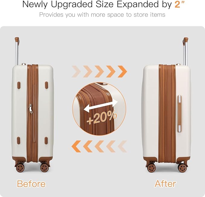 Kono Lightweight 28 Inch Expandable Luggage with Quiet Spinner Wheels TSA Lock, Scratch and Drop Resistant PC+ABS Hardside Durable Large Checked Suitcase, Cream White & Brown