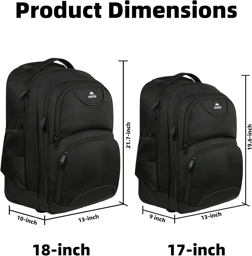 MATEIN Wheeled Backpack, 18 inch Laptop Backpack with Wheels for College, Rolling Travel Backpack, Carryon Trolley Luggage Suitcase Compact Business Computer Bag for Men Women, Black