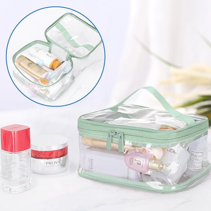 HAOGUAGUA 2 Pieces Clear Makeup Bags Cosmetic Toiletry Bags for Traveling, Waterproof Travel Transparent TSA APPROVED Carry On Airport Airline Compliant Bag (2 PIECES GREEN)