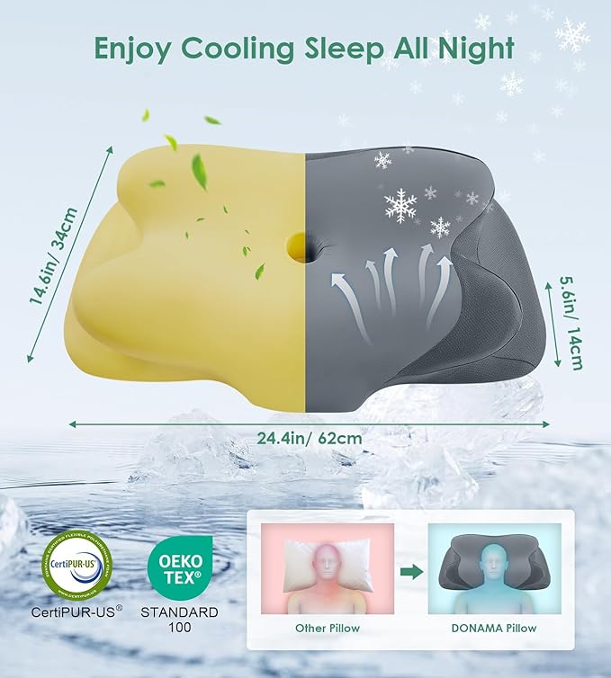 DONAMA Cervical Pillow for Sleeping, Contour Memory Foam Pillow for Neck and Shoulder Support, Ergonomic Neck Pillow for Side Back Stomach Sleepers, Bed Pillows with Cooling Pillowcase