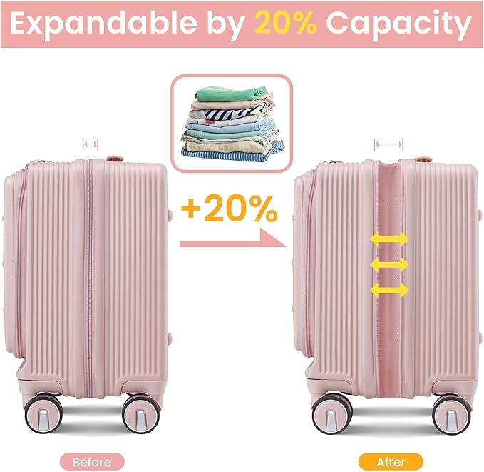 3 Piece Luggage Set 16 Inch Carry On with Front Opening, Expandable PC Hardshell Suitcase with 14" Cosmetic Case & Handbag, Lightweight Underseat Rolling Luggage with TSA Lock & PVC Cover