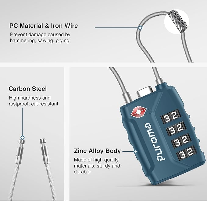 Puroma 2 Pack TSA Approved Luggage Locks, 4 Digit Combination Travel Cable Locks Resettable Code Lock with Zinc Alloy Body for Suitcase, Toolbox, Backpack, Bag, Gym Locker (Basic Blue Peacock)