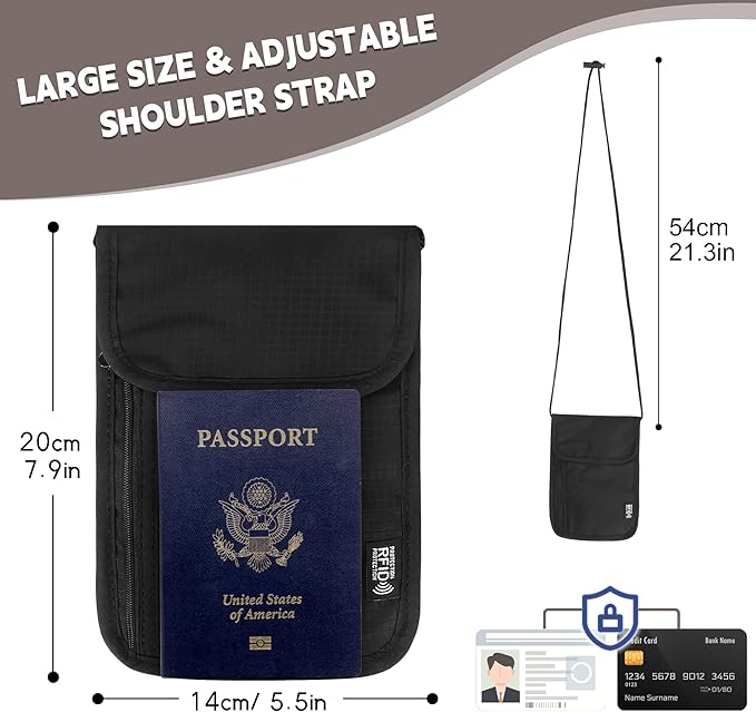 Likesing 5.5" L x 7.9" W Travel Neck Wallet, RFID Blocking Passport Holder, Security Lightweight Passport Travel Wallet, Neck Pouch Gifts for Women Men(Black)