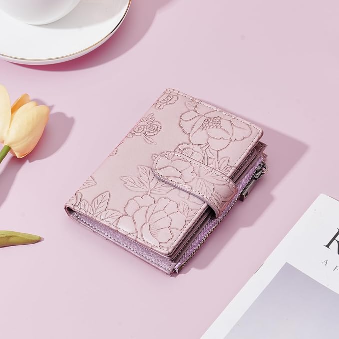 GAEKEAO Womens Wallet Small Vegan Leather RFID Blocking Bifold Zipper Pocket Wallet Card Case Purse with ID Window