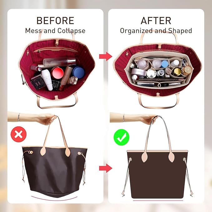 Purse Organizer Insert Compatible with Neverfull GM and More, Felt Zipper Bag Insert Liner with Base Shaper for Women Tote Handbags, Beige, XL