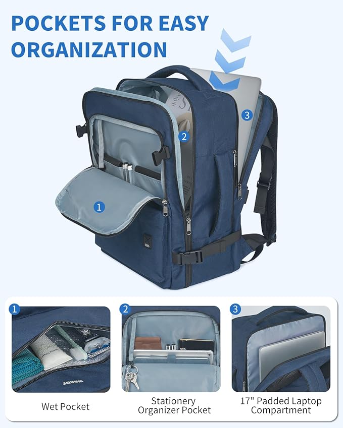 WANDF Travel Backpack For Spirit Airlines Personal Item Bag 18x14x8 with Wet Pocket, 17 Inch Laptop Backpack for Men Women（Navy Blue）