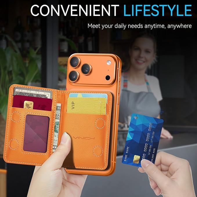 Vinich for MagSafe Wallet Magnetic RFID Blocking Card Holder Compatible with MagSafe Phones and Cases, Strong Magnet Minimalist Phone Wallet for iPhone 17/16/15/14/13/12/Pro/Max/Plus, Orange