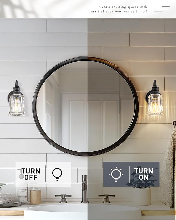Black Wall Sconces, HWH Rustic Industrial Wall Lamps, 1-Light Sconces Wall Lighting with Bell-Shaped Clear Glass, Bathroom Vanity Light Fixture for Bedroom Living Room Kitchen, 5HZG106B BK