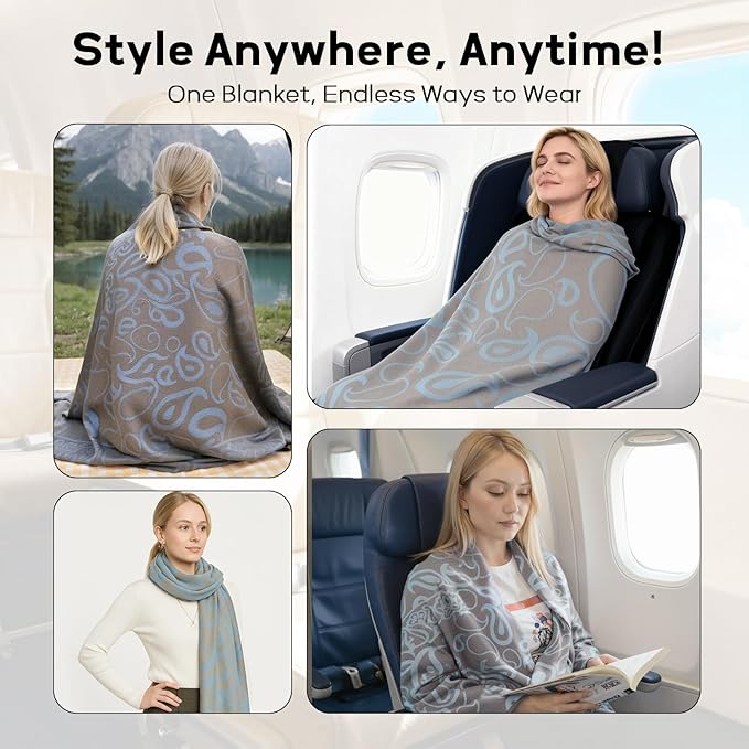 Travel Blanket Airplane - Ultra Soft & Lightweight Knit Design Compact Airplane Blanket,53x72 Inch,Stylish Travel Shawl Wraps for Flights,Office,Home Use,Travel Essentials & Gifts