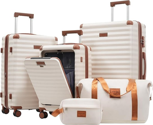 Merax Luggage Sets 5 Piece,Front Open Hardshell Expandable Suitcase with Spinner Wheels and Duffel Bags,Lightweight Carry on Luggage with USB Port and Cup Holder,20/24/28IN,White and Brown