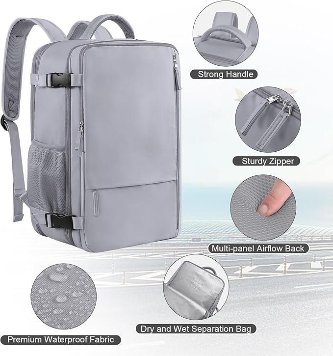 Travel Backpack for Women & Men, 40L Carry-On, 17-Inch Laptop, Waterproof, College Bookbag, Flight Approved