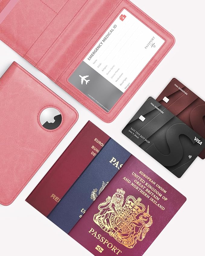 Stouchi AirTag Passport Holder, Cute Passport Holder with Airtag Slot, RFID Passport Wallet Cover for Women, Family Leather Passport Protector Case, Anti-Lost Travel Essentials, Pink