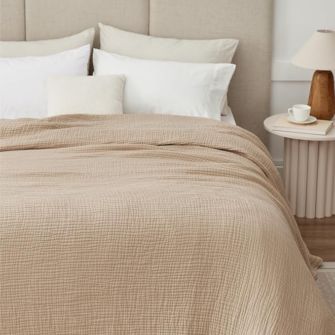 100% Cotton Muslin Blanket Queen 90" x 90", 6 Layers Breathable and Lightweight Cotton Throw Blanket for Bed, Soft Quilt Bedspread Coverlet, Gauze Blanket for Adults All Season, Beige Linen, Oatmeal