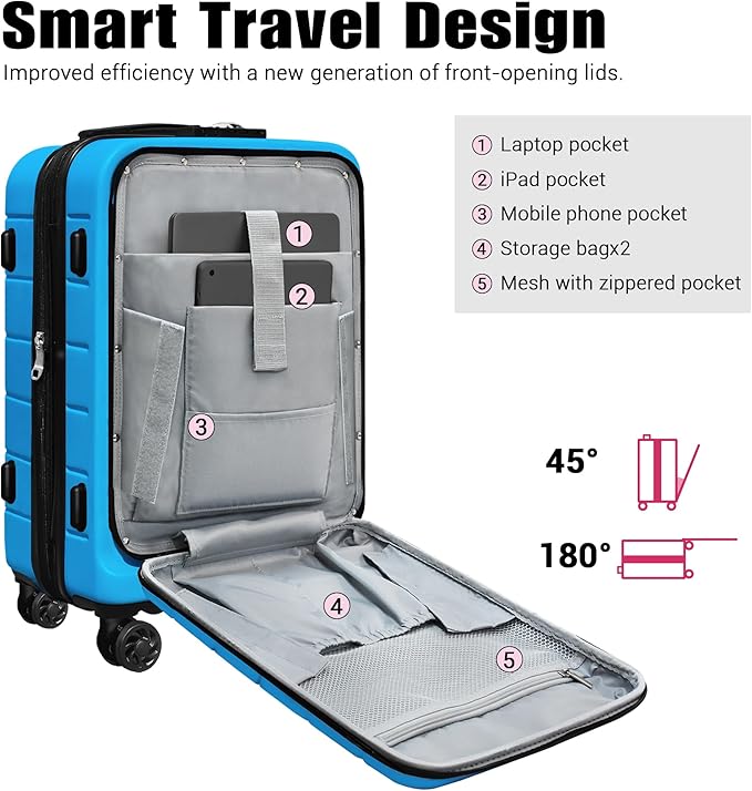 SmileLine 3-Piece Luggage Set Lightweight Hardside Suitcase TSA Lock Spinner Wheels, 20" Expandable Carry-On Luggage with Quick Access Front Open Pocket, Bonus Makeup Bag,Blue