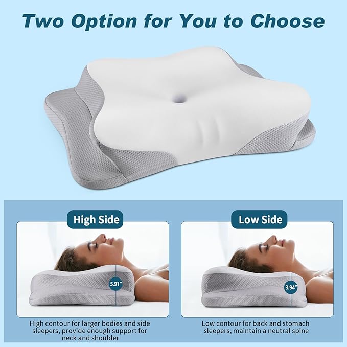 Cervical Neck Pillow - Cooling Ergonomic Neck Support Pillow for Sleeping, Orthopedic Contour Memory Foam Pillows for Side, Back & Stomach Sleepers with Pillowcase (Grey)